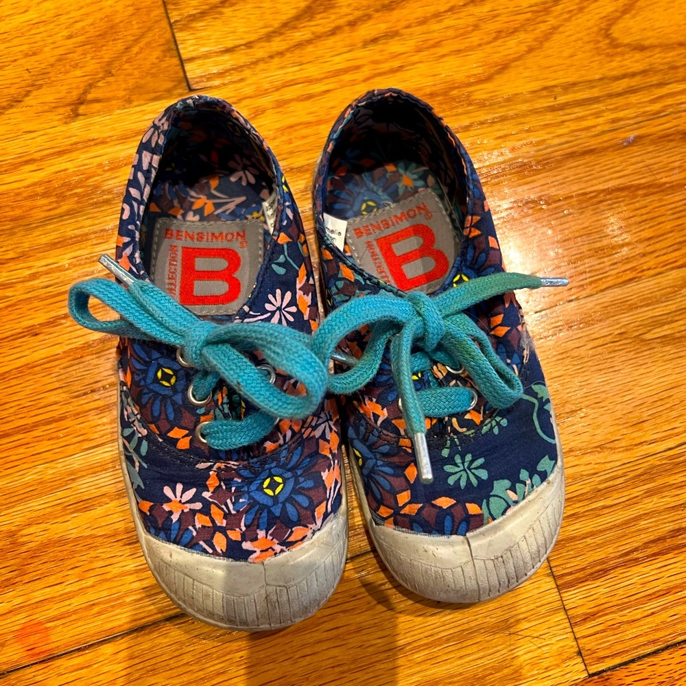 Rare Blue Teal Coral floral pattern Laced Bensimon French brand Sneakers
